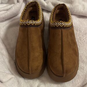 Wild Diva Brown Loafers with Yellow Embroidery